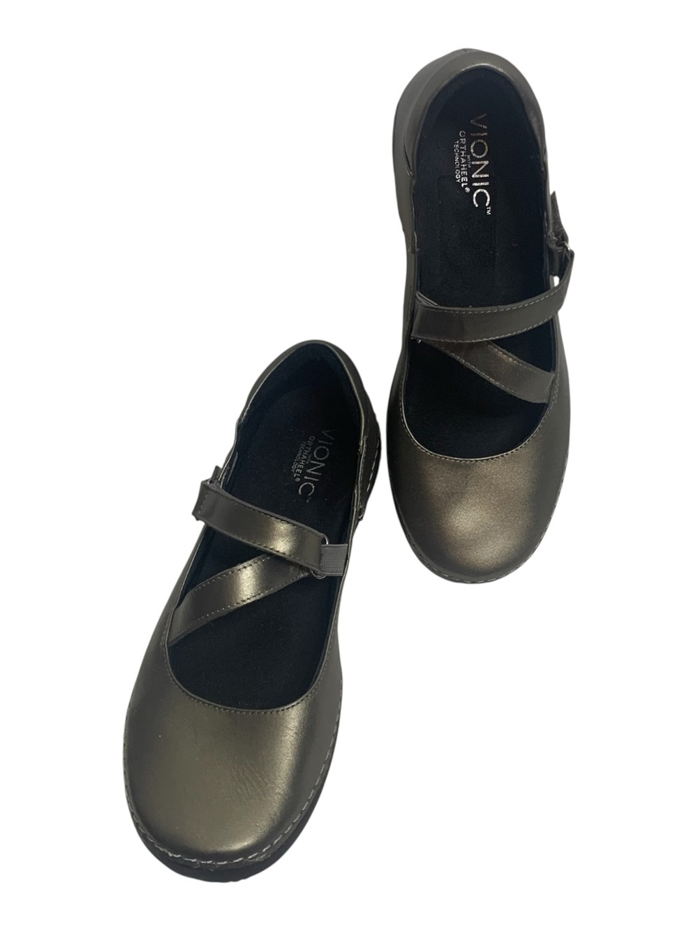 Vionic Orthaheel Judith Metallic Pewter Leather Mary Jane Flats Size 9 Pristine